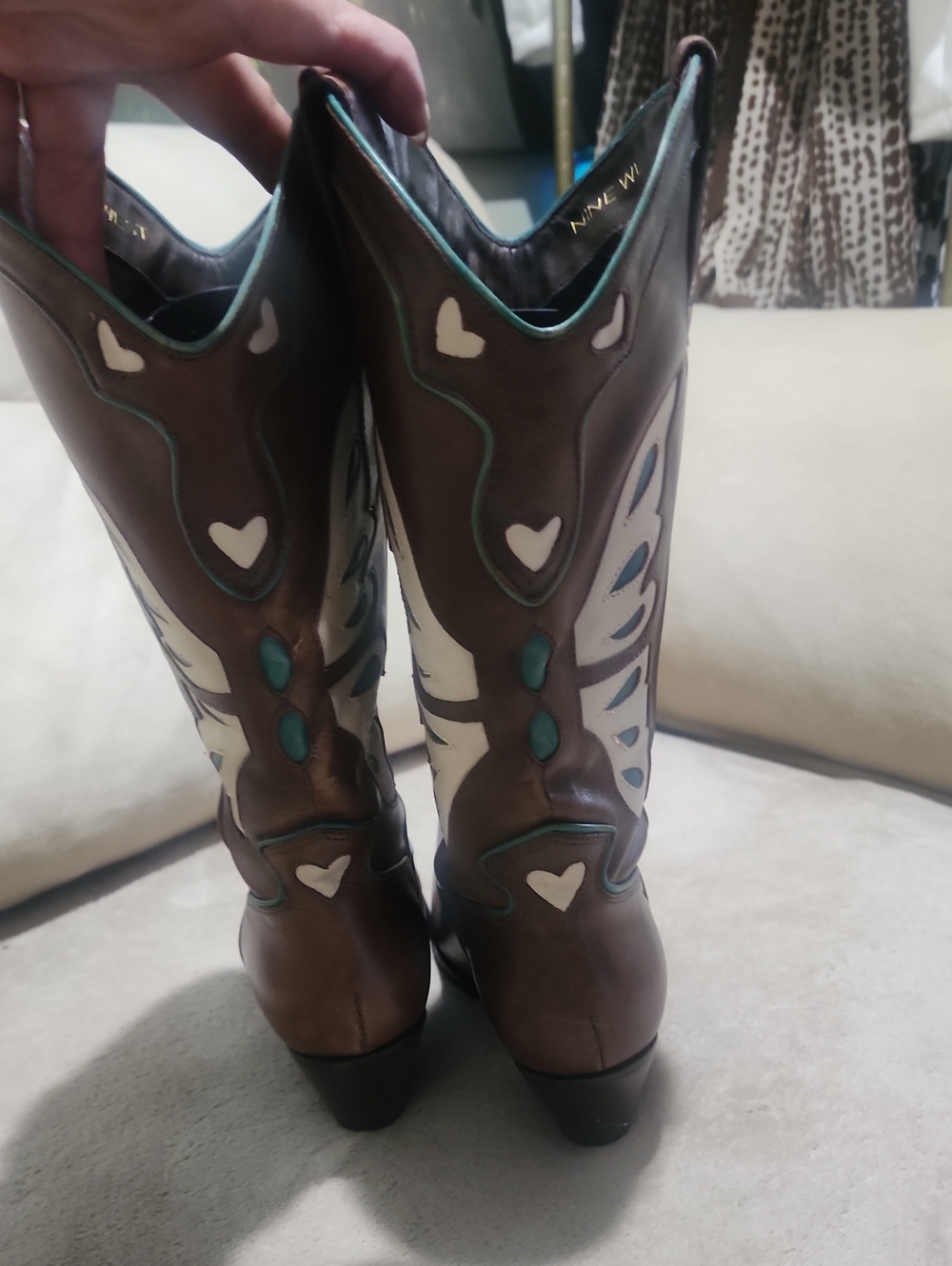 Vintage Nine West Brown Leather Butterfly Western Boots with Cream Teal Accents. - Picture 6 of 12